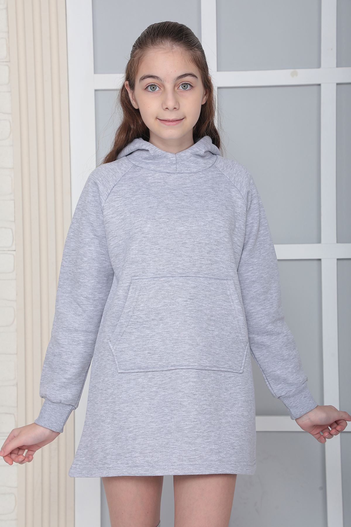 KIZ ÇOCUK GRİ Kapüşonlu 3 iplik Şardonlu Polarlı Reglan Kol Elbise S-303GRİ