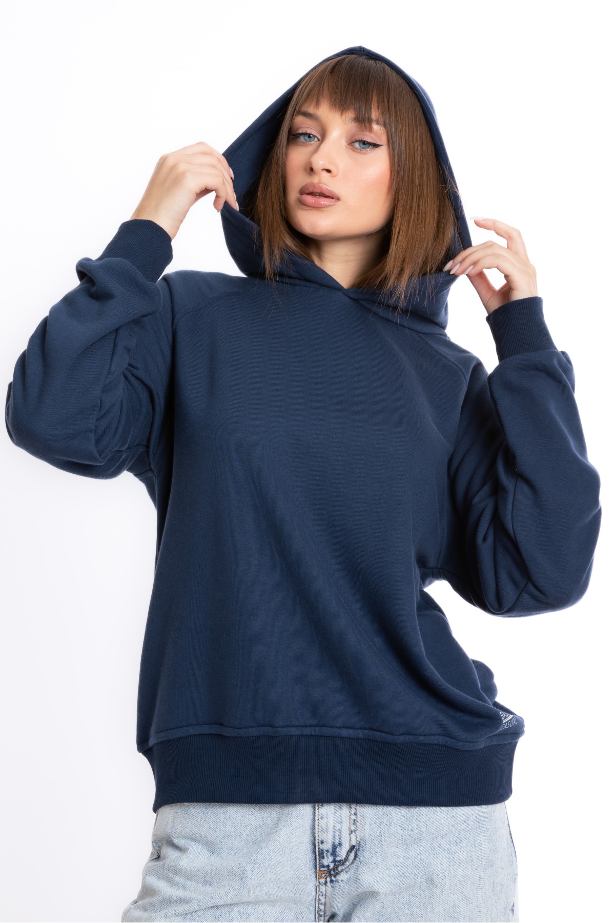 Kadın Lacivert Kapüşonlu 3 iplik Şardonlu Polarlı Reglan Kol Sweatshirt S-103