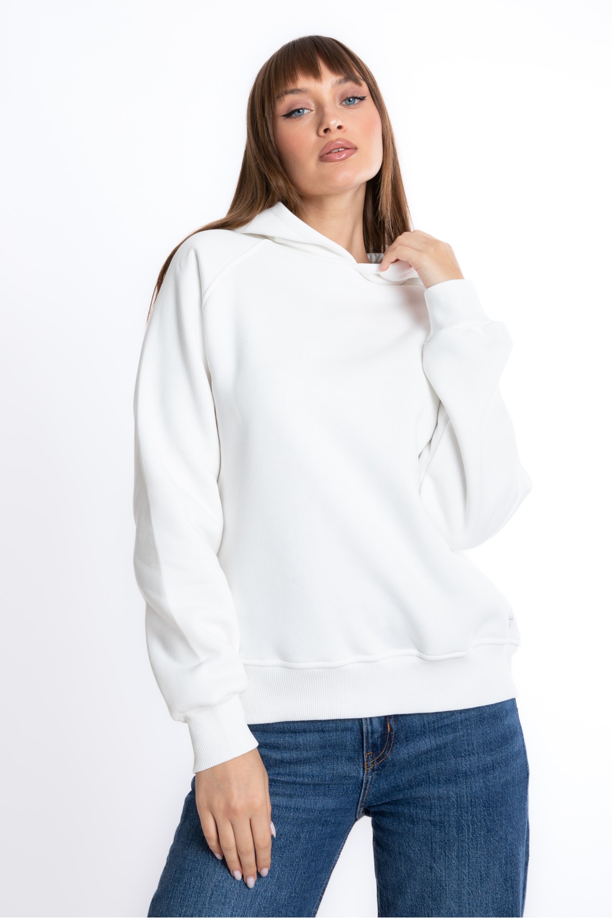 Kadın EKRU Kapüşonlu 3 iplik Şardonsuz Polarsız Reglan Kol Sweatshirt S-104