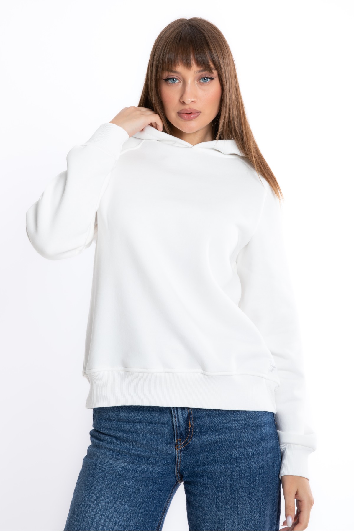 Kadın EKRU Kapüşonlu 3 iplik Şardonlu Polarlı Reglan Kol Sweatshirt S-103