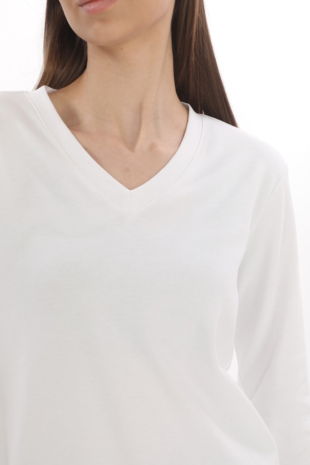 Giyimod Kadın Ekru V Yaka Uzun Kol  Pamuk Interlok Tişört S-112