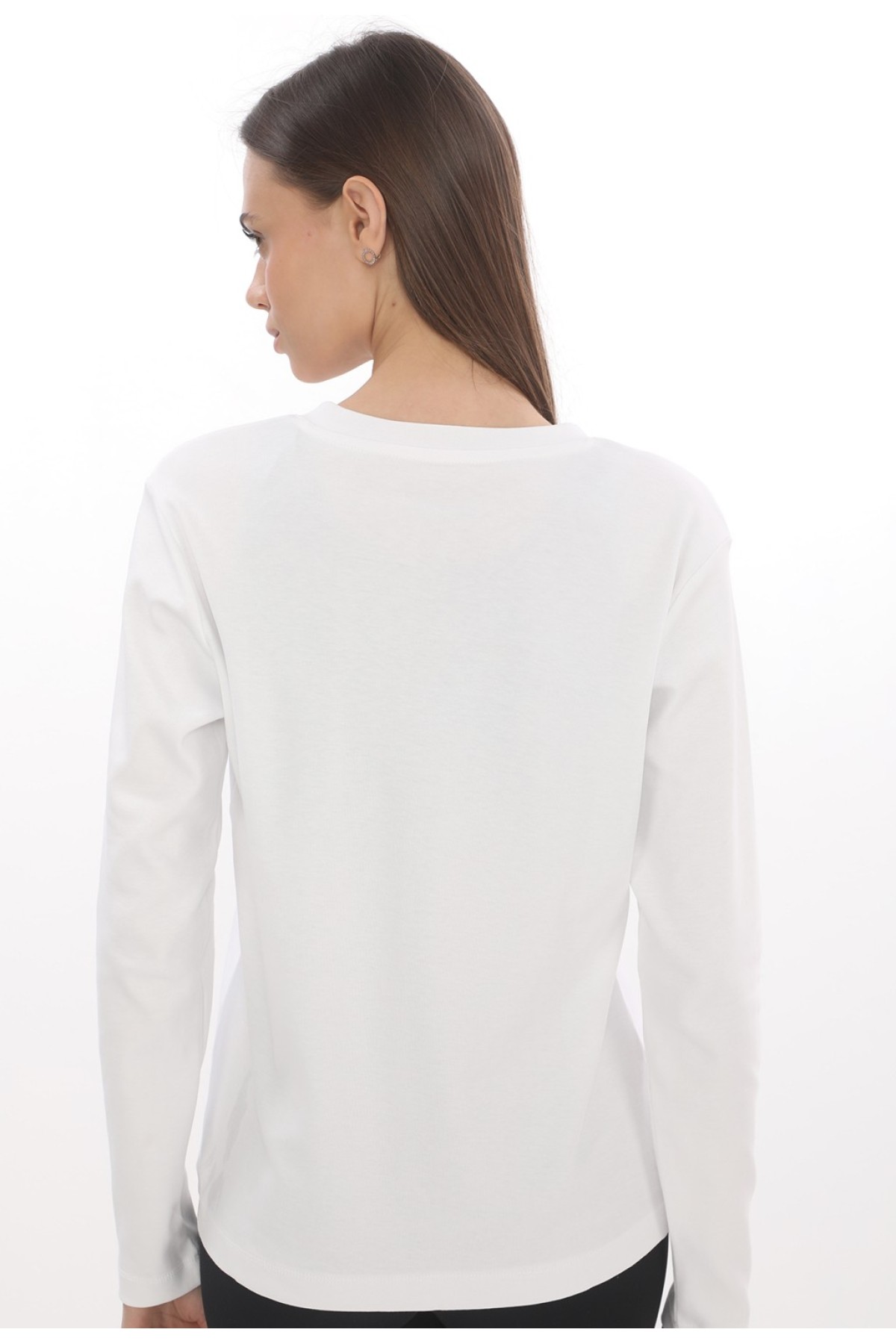 Giyimod Kadın Ekru V Yaka Uzun Kol  Pamuk Interlok Tişört S-112