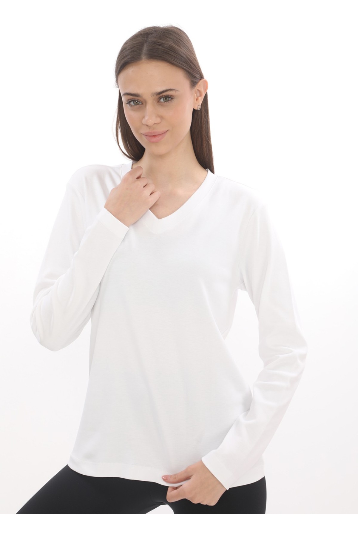 Giyimod Kadın Ekru V Yaka Uzun Kol  Pamuk Interlok Tişört S-112